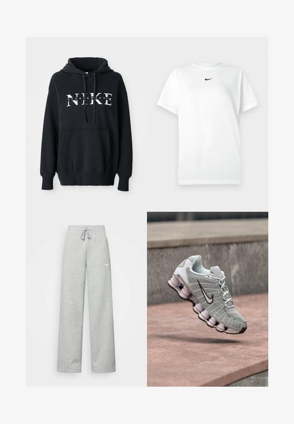 Sweat à capuche Nike noir avec une poche avant, grand logo sur la poitrine, cordon de serrage à la capuche et poignets et ourlet côtelés. Matériau en mélange de coton doux.; T-shirt blanc à manches courtes avec col ras du cou, portant un petit logo Nike en forme de swoosh noir centré sous le col.; Pantalon de survêtement gris avec une taille élastique, un détail de cordon de serrage et un petit logo Nike blanc sur la cuisse gauche. Tissu doux, coupe ample.; Baskets Nike gris clair avec logo swoosh noir, lacets blancs et semelle distinctive en forme de ressort, flottant au-dessus d'une surface en pierre.