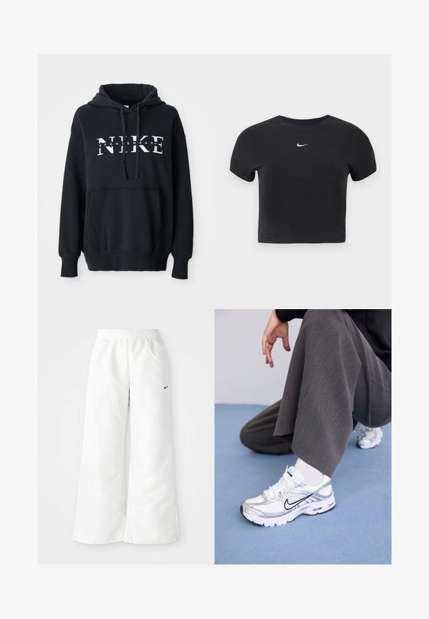 Čierna mikina Nike s prednou vreckom, veľkým logom na hrudi, kapucňou so sťahovacou šnúrkou a rebrovanými manžetami a lemom. Mäkkký materiál z bavlnenej zmesi.; Čierne krátke tričko z bavlny s okrúhlym výstrihom a krátkymi rukávmi. Na hrudi výrazné biele logo Nike.; Biele športové nohavice so širokým strihom, elastickým pásom a malým čiernym logom Nike na ľavej strane. Hladký, ľahký materiál.; Biele a strieborné športové topánky s jemnou sieťovinou a syntetickými materiálmi, so čiernymi akcentmi, šnúrkami a textúrovanými podrážkami.