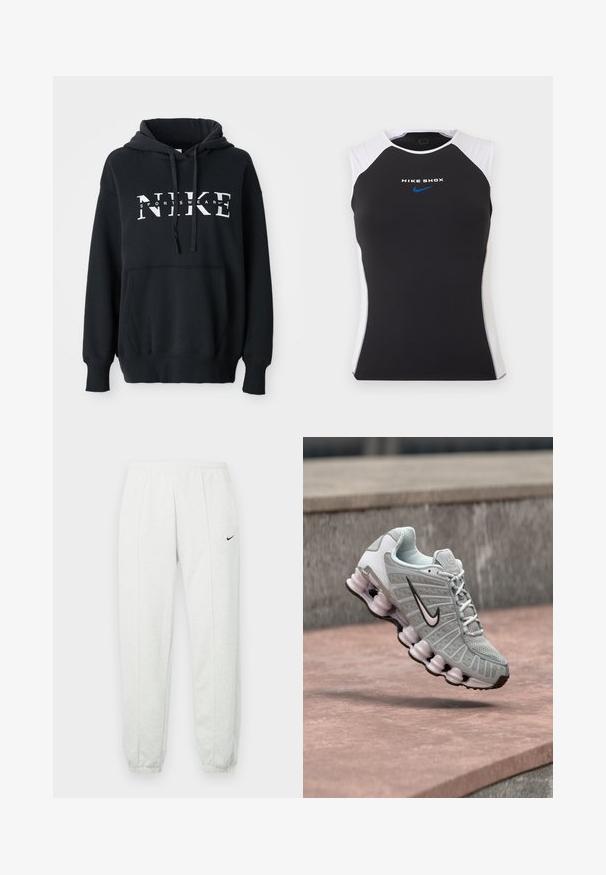 Sudadera negra de Nike con un bolsillo delantero, gran logo en el pecho, capucha con cordón y puños y dobladillo acanalados. Material suave de mezcla de algodón.; Top deportivo sin mangas en blanco y negro con el texto "NIKE SHOX" y el logo azul de Nike en forma de swoosh centrado en el pecho.; Pantalones deportivos Nike de color gris claro con una cintura elástica, puños ajustados y un pequeño logo negro en el muslo izquierdo. Tela suave y texturizada.; Zapatilla Nike gris claro con logo Swoosh negro, cordones blancos y suela distintiva similar a un resorte, mostrada flotando sobre una superficie de piedra.