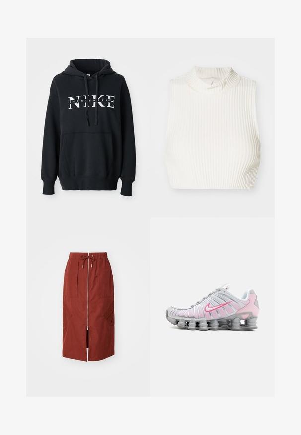 Čierna mikina Nike s prednou vreckom, veľkým logom na hrudi, kapucňou so sťahovacou šnúrkou a rebrovanými manžetami a lemom. Mäkkký materiál z bavlnenej zmesi.; Biely rebrovaný bezrukávový crop top s vysokým golierom a jemným detailom gombíka na golieri, vyrobený z hladkej, elastickej látky.; Sukňa strednej dĺžky v terakotovo červenej farbe, s predným zipsom, elastickým pásom so šnúrkou a bočnými vreckami s geometrickým dizajnom.; Nike športová obuv v bielej a svetloružovej farbe. Má sieťovinový zvršok a charakteristickú zakrivenú podrážku s viditeľným vzduchovým odpružením.