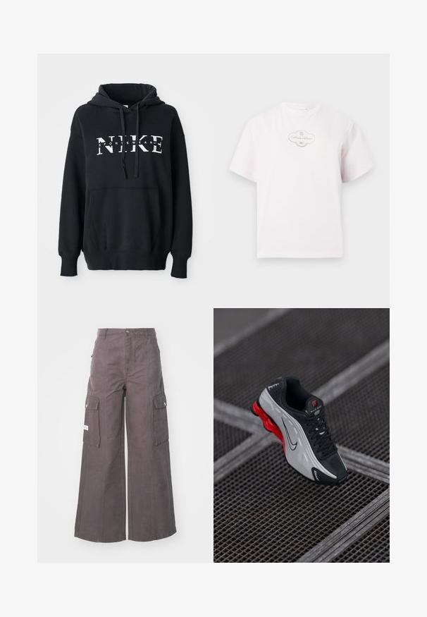 Sort Nike hoodie med en frontlomme, stort logo på brystet, snemmer hætte og ribbede manchetter og kant. Blødt bomuldsblandingsmateriale.; Hvid bomuld t-shirt med korte ærmer og rund halsudskæring, med et diskret gråt logografik på brystet.; Grå cargo bukser med bred ben og lavet af robust stof, der har fire store lommer, en frontknaplukning og en afslappet pasform.; Sort og grå atletisk sko med rød polstret sål, sorte snørebånd og swoosh-logo hvilende på metalgitteroverflade.