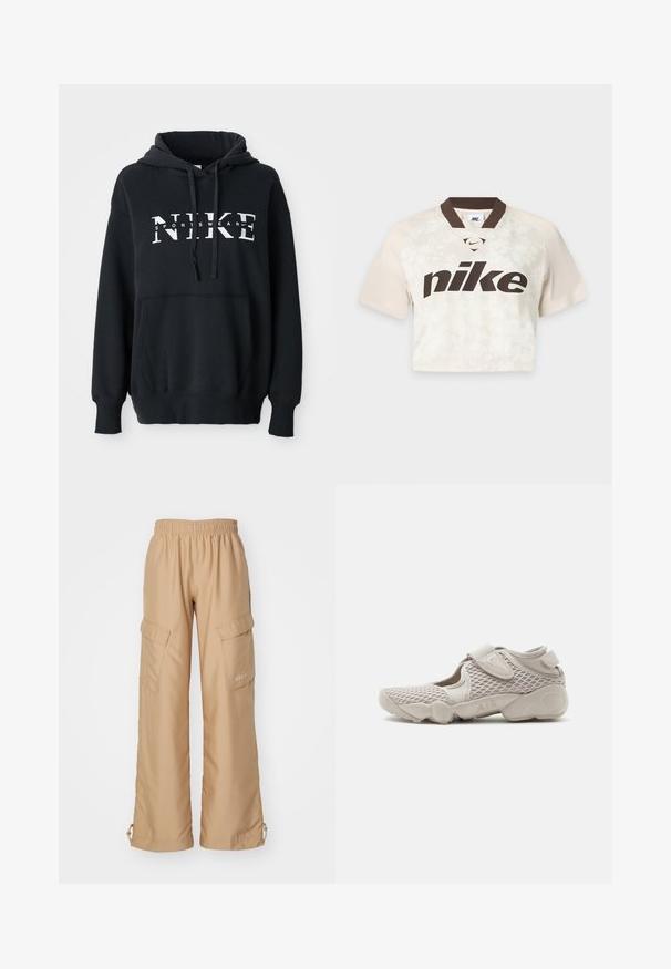 Čierna mikina Nike s prednou vreckom, veľkým logom na hrudi, kapucňou so sťahovacou šnúrkou a rebrovanými manžetami a lemom. Mäkkký materiál z bavlnenej zmesi.; Krátky rukáv cropová športová košeľa Nike v béžovej farbe s tmavohnedým golierom a veľkým logom Nike na prednej strane.; Nike Sportswear TREND - Kapsáče - hemp; Svetlo béžová športová obuv s vrchnou časťou z mrežoviny, nastaviteľným remienkom a polstrovanou podrážkou označenou "AIR", zobrazená z bočného pohľadu na bielom pozadí.