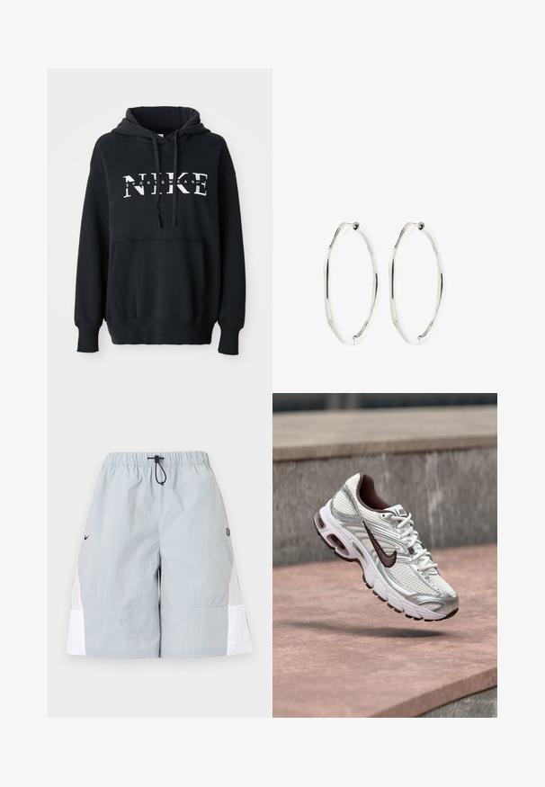 Musta Nike huppari, jossa on etutasku, suuri logo rinnassa, naruhuppu ja ribattu hihansuut sekä helma. Pehmeää puuvillasekoitemateriaalia.; Vaaleanharmaat urheilushortsit valkoisilla sivupaneeleilla, joustavalla vyötärönauhalla ja mustalla kiristysnauhalla, esillä yksinkertaisella taustalla.; Valkoinen ja hopeanvärinen Nike-juoksukenkä, jossa musta Swoosh-logo, roikkuu betonipinnan yläpuolella ulkona.; Hopeanväriset, ovaalinmuotoiset rengaskorvakorut, joissa on hieman epäsäännöllinen, aaltoileva muoto ja saranakiinnitykset valkoisella taustalla.