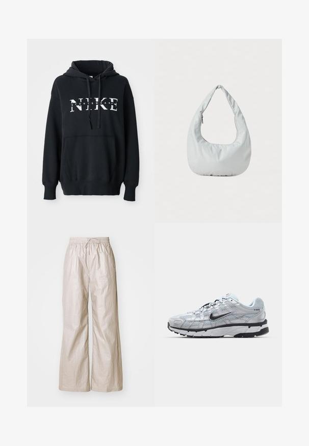 Čierna mikina Nike s prednou vreckom, veľkým logom na hrudi, kapucňou so sťahovacou šnúrkou a rebrovanými manžetami a lemom. Mäkkký materiál z bavlnenej zmesi.; Svetlo béžové široké nohavice vyrobené z krčenej látky, s elastickým pásom na šnúrku a bočnými vreckami.; Tenisky Nike P-6000 s vrchným materiálom z jemnej šedej sieťoviny, čiernymi akcentmi a odolnou čiernou gumovou podrážkou. Obsahujú jemný dizajn a systém šnurovania.; Mäkká, svetlošedá hobo taška vyrobená z syntetického materiálu. Obsahuje jeden polstrovaný popruh a bočné vrecko so zipsom.