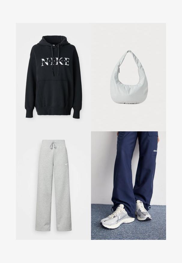 Čierna mikina Nike s prednou vreckom, veľkým logom na hrudi, kapucňou so sťahovacou šnúrkou a rebrovanými manžetami a lemom. Mäkkký materiál z bavlnenej zmesi.; Šedé tepláky s elastickým pásom, detailom na šnúrku a malým bielym logom Nike na ľavom stehne. Mäkká tkanina, voľný strih.; Športové topánky Nike s strieborným sieťovaným zvrškom, bielymi detailmi a textúrovanými podrážkami, skombinované s voľnými námorníckymi nohavicami.; Mäkká, svetlošedá hobo taška vyrobená z syntetického materiálu. Obsahuje jeden polstrovaný popruh a bočné vrecko so zipsom.