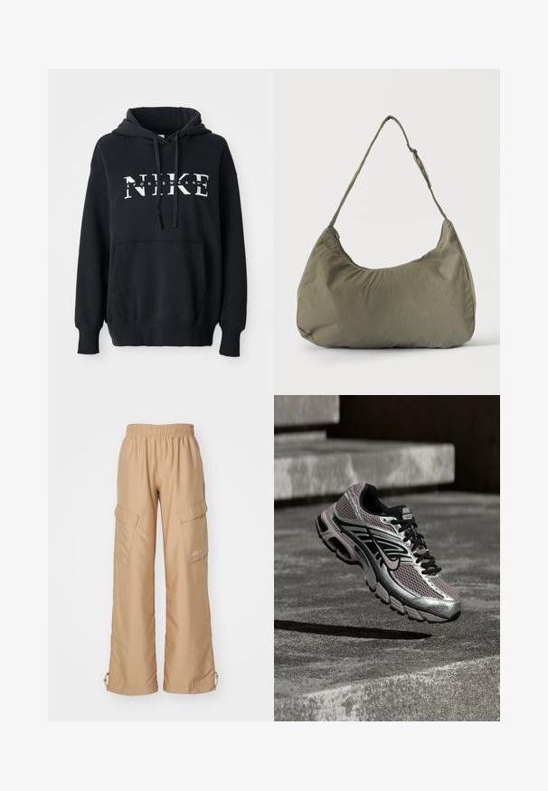 Čierna mikina Nike s prednou vreckom, veľkým logom na hrudi, kapucňou so sťahovacou šnúrkou a rebrovanými manžetami a lemom. Mäkkký materiál z bavlnenej zmesi.; Nike Sportswear TREND - Kapsáče - hemp; Behácka obuv Nike Air Max so striebornou, čiernou a fialovou sieťovinou, zobrazená vo vzduchu nad betónovým povrchom a schodmi.; Olivovo zelená mäkká látková taška cez rameno so zipsovým uzáverom a nastaviteľným popruhom na svetlom jednofarebnom pozadí.