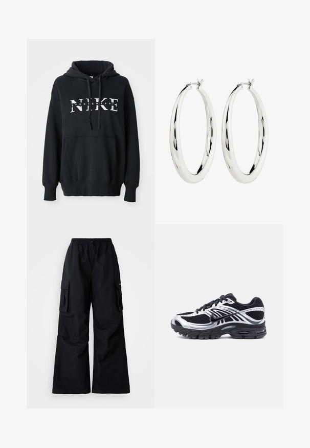 Čierna mikina Nike s prednou vreckom, veľkým logom na hrudi, kapucňou so sťahovacou šnúrkou a rebrovanými manžetami a lemom. Mäkkký materiál z bavlnenej zmesi.; Čierne cargo nohavice so širokými nohavicami, elastickým pásom, nastaviteľnou šnúrkou a dvoma bočnými vreckami. Vyrobené z hladkej, ľahkej tkaniny.; Čierna a strieborná bežecká topánka Nike s vrchnou časťou z priedušnej sieťoviny, podrážkou s vzduchovým vankúšom a šnúrkami, zobrazená z boku na bielom pozadí.; Strieborné kruhové náušnice s hladkým, reflexným povrchom. Guľatý, veľký tvar s bezpečným zapínaním na vrchu. Lesklý povrch ukazuje žiaru.