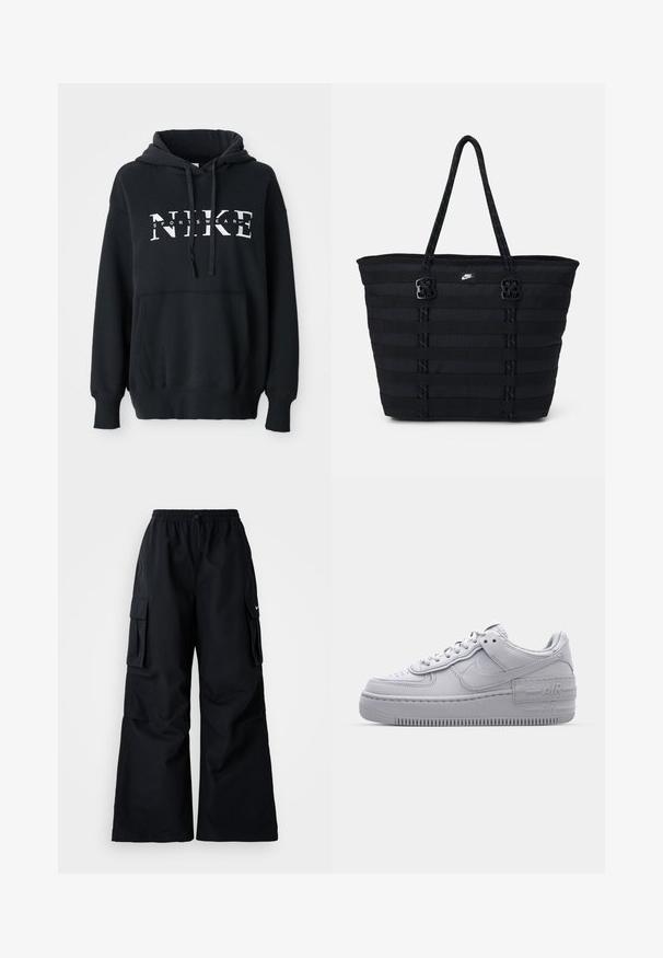 Sudadera negra de Nike con un bolsillo delantero, gran logo en el pecho, capucha con cordón y puños y dobladillo acanalados. Material suave de mezcla de algodón.; Pantalones cargo negros de pierna ancha, con cinturilla elástica, cordón ajustable y dos bolsillos laterales. Hechos de un tejido suave y ligero.; Zapatilla Nike Air Force 1 gris con puntera perforada, parte superior de cuero suave, suela gruesa y detalle en relieve 'AIR' en el talón.; Bolso tote de nailon negro con diseño de cintas horizontales, asas dobles y dos acentos decorativos de hardware. Pequeño logotipo en la parte frontal.