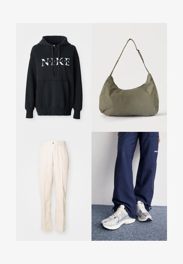 Sort Nike hoodie med en frontlomme, stort logo på brystet, snemmer hætte og ribbede manchetter og kant. Blødt bomuldsblandingsmateriale.; Beige, lige ben bukser lavet af en bomuldsblanding. Har to forlommer, en knaplukning og synlige sømdetaljer.; Nike sportssko med en sølvfarvet mesh-overdel, hvide detaljer og strukturerede såler, parret med løstsiddende navy bukser.; Skuldertaske i blødt olivengrønt stof med lynlås og justerbar rem på ensfarvet, lyst baggrund.