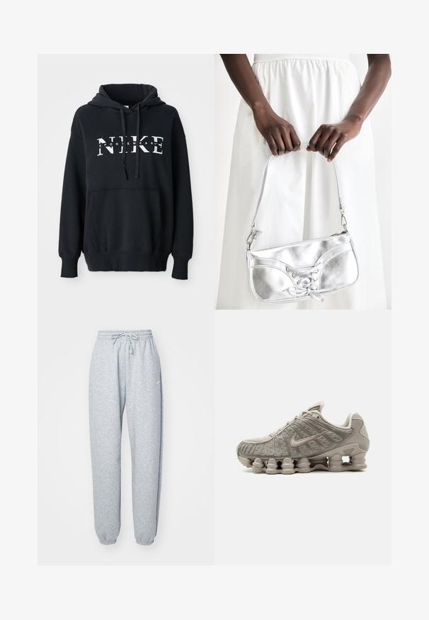 Schwarzer Nike-Hoodie mit einer vorderen Tasche, großem Logo über der Brust, Kordelzugkapuze und gerippten Bündchen und Saum. Weiches Baumwoll-Mischmaterial.; Hellgraue Sweatpants aus einem weichen Baumwollmix, mit einem elastischen Bund und Kordelzug, tapered Beinen und gerippten Bündchen. Minimales Branding.; Hellbeiger Nike Shox Sneaker mit sichtbarer säulenförmiger Dämpfungssohle und Mesh-Obermaterial.; Silberne metallische Handtasche mit Schnürdetail, die ein elegantes Design und einen kurzen Tragegurt aufweist. Die Tasche wird in den Händen gehalten und zeigt ihre Textur.