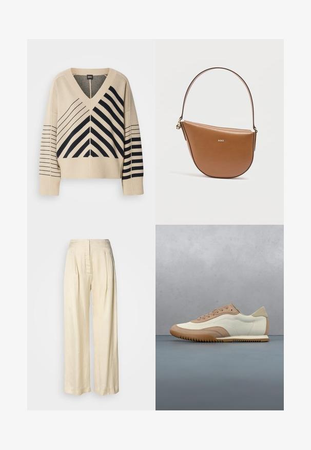 Suéter de punto beige con escote en V y rayas negras diagonales y horizontales, con mangas anchas y puños acanalados. Etiqueta de la marca: BOSS.; Pantalones de seda crema de tiro alto con pliegues, piernas anchas y cierre frontal oculto con cremallera sobre un fondo blanco liso.; Zapatilla en crema y beige con parte superior texturizada, cordones y suela de goma, exhibida sobre una superficie de madera con piedras.; Bolso media luna de cuero marrón con una única correa, logo BOSS dorado en el frente y pequeño detalle de cremallera dorada en el lateral.