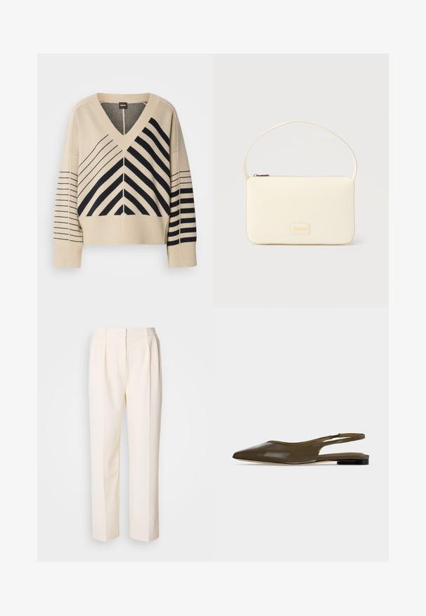 Suéter de punto beige con escote en V y rayas negras diagonales y horizontales, con mangas anchas y puños acanalados. Etiqueta de la marca: BOSS.; Lacoste Pantalones - lapland; Zapato plano de tacón bajo y tira trasera en punta de color verde oliva con acabado liso y brillante.; Bolso rectangular color crema con una sola correa y cremallera superior, con una pequeña placa de logotipo en relieve en el frente.