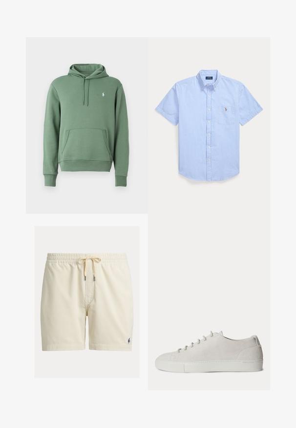 Sudadera verde hecha de tela suave, con un bolsillo canguro y capucha ajustable con cordón. Logo sutil en el pecho. Corte clásico con puños de canalé.; Camisa de manga corta con rayas verticales azules y blancas, con bolsillo en el pecho y pequeño logo bordado de un caballo en el bolsillo.; Pantalones cortos de pana beige con cintura elástica y cordón, con pequeño logotipo oscuro bordado en la parte inferior de la pierna izquierda.; Zapatilla blanca de ante bajo con cordones delanteros y suela de goma, diseño minimalista.