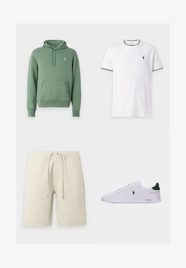 Sudadera verde hecha de tela suave, con un bolsillo canguro y capucha ajustable con cordón. Logo sutil en el pecho. Corte clásico con puños de canalé.; Camiseta blanca de manga corta con ribete negro en el cuello y las mangas, con un pequeño logo negro de Polo Ralph Lauren en el pecho izquierdo.; Pantalones cortos deportivos beige hechos de tela texturizada, con cintura elástica y cordón ajustable, y bolsillos laterales. Detalle sutil de logo.; Zapatilla blanca de corte bajo con lengüeta trasera verde, logo bordado del caballo Polo en el lateral, texto "Polo" en la suela y firma dorada "Ralph Lauren" en la parte superior.