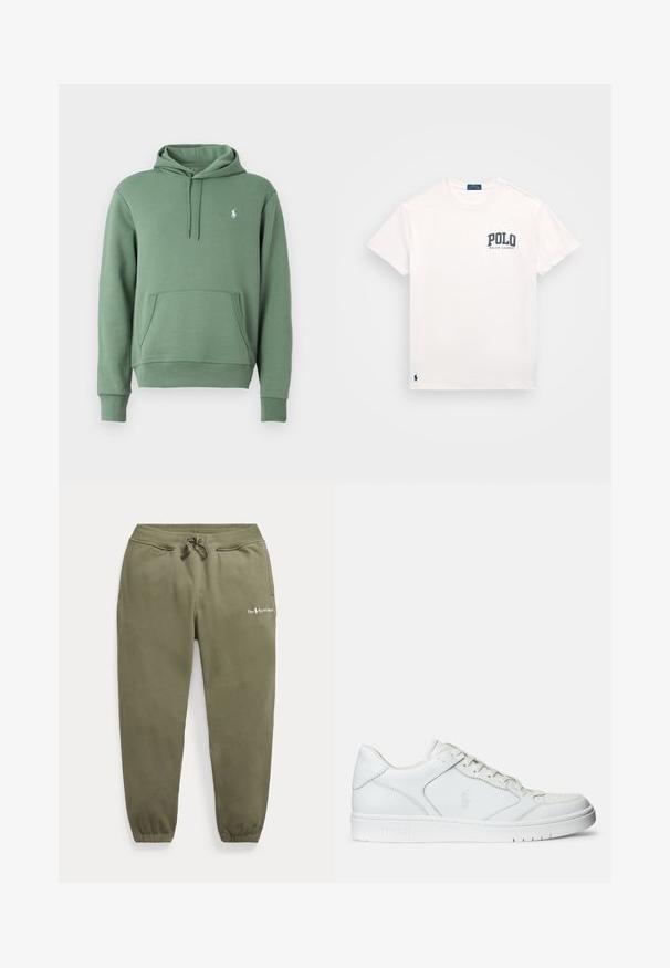 Sudadera verde hecha de tela suave, con un bolsillo canguro y capucha ajustable con cordón. Logo sutil en el pecho. Corte clásico con puños de canalé.; Camiseta de algodón blanca con el logo "POLO" en azul marino en el lado izquierdo del pecho y un pequeño acento del logo en el dobladillo. Diseño clásico de cuello redondo.; Pantalones de chándal verde oliva con cintura y puños elásticos, cordón ajustable, bolsillos laterales y pequeño logo de Polo Ralph Lauren en el muslo izquierdo.; Zapatilla de cuero blanca con textura suave, que presenta una puntera perforada, cierre de cordones y logo bordado en el lateral. Suela de goma blanca.