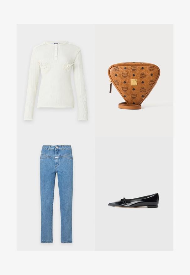 Haut blanc en maille à manches longues avec encolure ronde, patte de boutonnage et détails 3D de cygne sur la poitrine par Moschino.; Jeans en denim bleu clair avec une coupe droite, cinq poches et une fermeture à bouton. Présente une texture légèrement délavée et un minimum de coutures.; Chaussure plate en cuir verni noir avec un bout pointu, une petite lanière décorative et un petit talon carré. Texture lisse et design épuré.; Sac bandoulière triangulaire en cuir marron avec logos MCM noirs, plaque de marque en métal doré et tirette de fermeture éclair sur fond blanc.