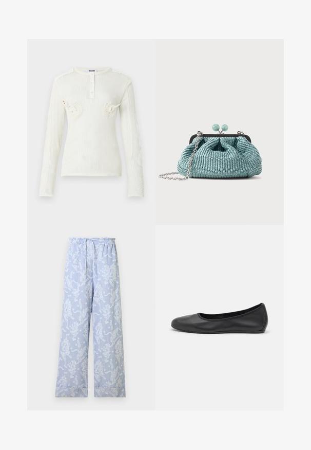 Haut blanc en maille à manches longues avec encolure ronde, patte de boutonnage et détails 3D de cygne sur la poitrine par Moschino.; Pantalon large bleu clair avec superposition de dentelle florale blanche et fines rayures verticales, avec une taille élastique et des ourlets retroussés.; Ballerines en cuir noir avec un bout rond, texture lisse, détails de couture minimalistes et design de semelle flexible.; Petit sac pochette tissé bleu clair avec une chaîne argentée et une fermeture à boucle ronde sur le dessus.