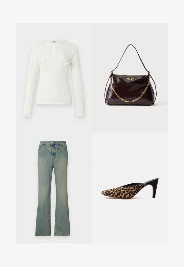 Haut blanc en maille à manches longues avec encolure ronde, patte de boutonnage et détails 3D de cygne sur la poitrine par Moschino.; Jean flare en denim bleu clair à taille haute, cinq poches et fermeture éclair. Fini propre et décoloré avec des détails de couture subtils.; Mule à bout pointu avec dessus imprimé léopard et talon stiletto noir de hauteur moyenne sur fond blanc uni.; Sac à main en cuir brillant marron foncé avec un emblème en forme d'aile dorée, détail de chaîne dorée et une fine bandoulière en cuir sur un fond uni.
