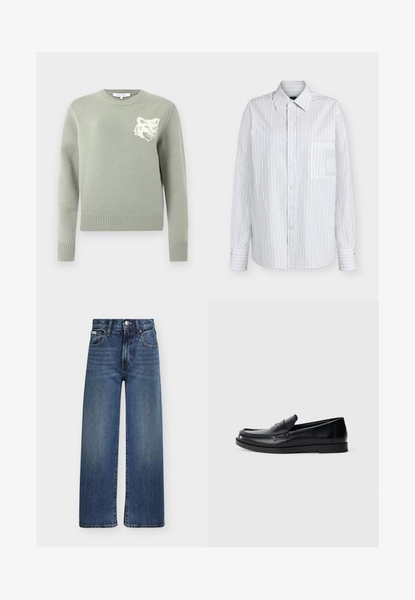 Pull en maille vert clair avec un col rond, des poignets et un ourlet côtelés, présentant un graphique de loup blanc sur la poitrine. Texture douce.; Chemise blanche à manches longues avec fines rayures verticales noires et une poche poitrine à l'avant.; Jean en denim bleu coupe droite avec fermeture devant par bouton et zip, passants pour ceinture, et style cinq poches.; Mocassins en cuir noir avec un design d'accent cousu, bout rond, semelle plate en caoutchouc et finition lisse. Silhouette classique et polyvalente.