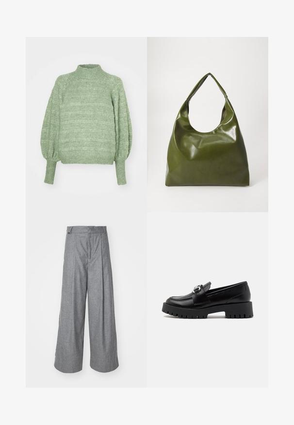 Pull en maille verte avec un col montant, de longues manches bouffantes et des poignets côtelés. Présente un motif texturé à rayures horizontales.; Pantalons larges gris en tissu doux, avec taille haute, plis avant et une discrète étiquette logo au niveau de la taille.; Mocassins en cuir noir avec une semelle épaisse et nervurée et un accent de boucle métallique sur la sangle. Texture lisse, design classique.; Sac hobo en cuir vert au design décontracté, avec une poignée incurvée et une texture lisse. Ne contient aucun matériel ou accent visible.