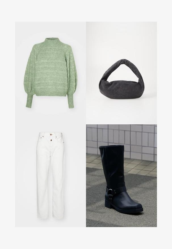 Suéter verde de punto con un alto cuello, mangas largas estilo globo y puños acanalados. Presenta un patrón texturizado de rayas horizontales.; Jeans de mezclilla blanca con un diseño de pernera recta; cuentan con cierre de botón y cremallera, costuras en tono beige y bolsillos frontales.; Bota negra de cuero hasta la mitad de la pantorrilla con un tacón bajo de bloque y una correa decorativa con hebilla metálica alrededor del tobillo, sobre un pavimento de baldosas.; Bolsa de tela gris oscuro con un asa curva, textura suave y forma redondeada. Sin hardware ni adornos visibles.