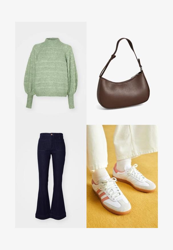 Pull en maille verte avec un col montant, de longues manches bouffantes et des poignets côtelés. Présente un motif texturé à rayures horizontales.; Jean en denim bleu foncé taille haute avec poches plaquées à l'avant et jambes évasées larges, bouton et passants de ceinture à la taille.; Baskets blanches avec des accents roses, en matériaux de daim et de cuir, à bout rond et semelle en caoutchouc, présentées avec des chaussettes claires sur un fond jaune.; Petit sac bandoulière en cuir marron avec sangle réglable et fermeture éclair, présenté sur fond blanc. Aucun logo ou décoration visible.