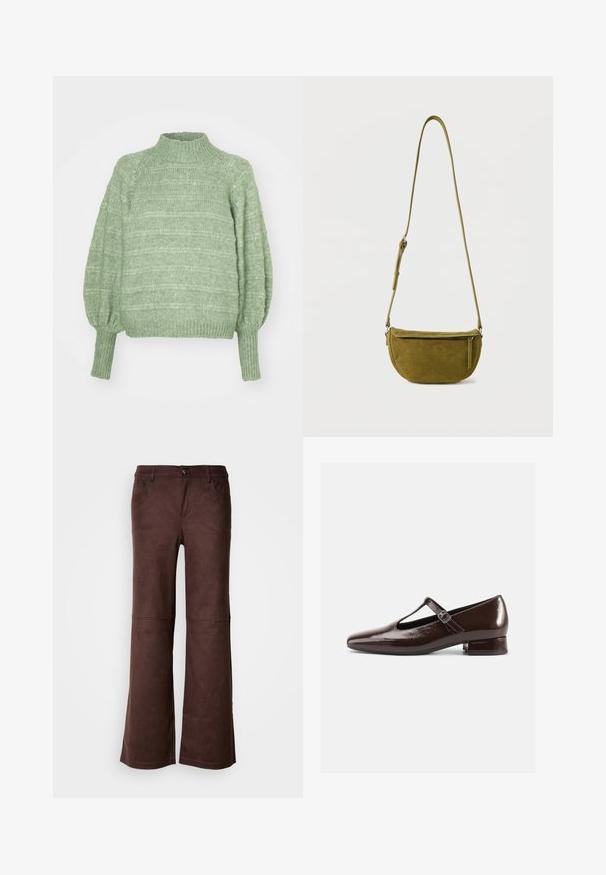 Pull en maille verte avec un col montant, de longues manches bouffantes et des poignets côtelés. Présente un motif texturé à rayures horizontales.; Pantalons évasés marron en tissu doux semblable à du daim. Comprend quatre poches, une fermeture à bouton et une surface lisse et texturée.; Chaussures Mary Jane en cuir verni marron avec un bout arrondi, un design ajouré et une bride réglable. Talon bas bloc.; Sac bandoulière en daim vert olive avec sangle réglable et poche avant zippée sur fond blanc uni.