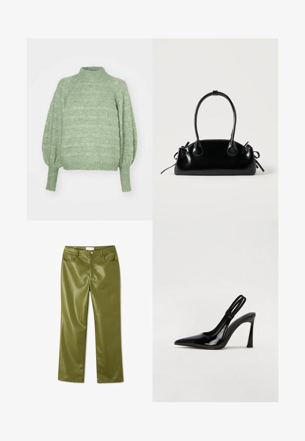 Pull en maille verte avec un col montant, de longues manches bouffantes et des poignets côtelés. Présente un motif texturé à rayures horizontales.; Pantalons en simili cuir vert olive taille haute, avec une texture lisse, quatre poches et une fermeture à bouton devant. Design à jambes droites.; Escarpin en cuir verni noir à talon aiguille, à bout pointu, avec une sangle élastique double pour un maintien sécurisé. Surface lisse et brillante.; Petit sac à main noir brillant avec deux longues anses et des détails à cordon sur les côtés sur un fond clair uni.