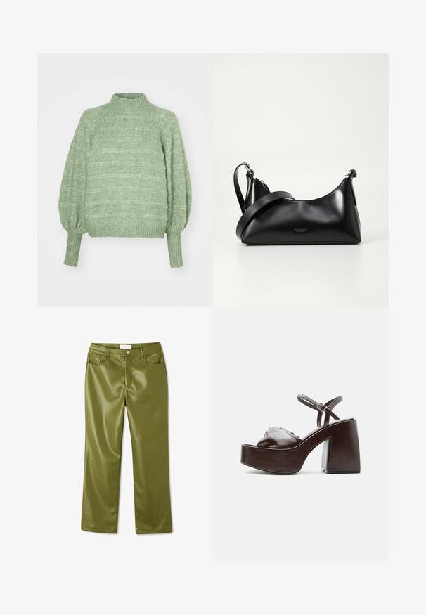 Pull en maille verte avec un col montant, de longues manches bouffantes et des poignets côtelés. Présente un motif texturé à rayures horizontales.; Pantalons en simili cuir vert olive taille haute, avec une texture lisse, quatre poches et une fermeture à bouton devant. Design à jambes droites.; Sandale plateforme en cuir marron foncé avec talon bloc épais, bout ouvert et bride réglable à la cheville avec boucle métallique.; Sac à main en cuir noir avec une texture lisse. Dispose d'une bandoulière adjustable et d'un design élégant et minimaliste avec une fermeture éclair.