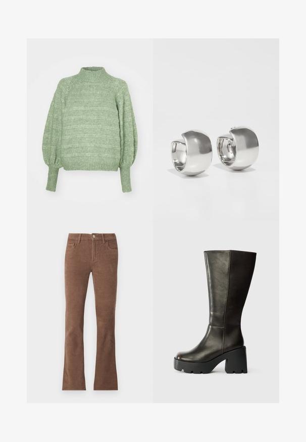 Suéter verde de punto con un alto cuello, mangas largas estilo globo y puños acanalados. Presenta un patrón texturizado de rayas horizontales.; Pantalones de pana marrones con cierre de botón y cremallera, estilo de cinco bolsillos y piernas ligeramente acampanadas.; Bota de cuero marrón hasta la rodilla con punta redonda, gruesa plataforma negra y tacón cuadrado. Presenta una textura lisa y detalles de costura mínimos.; Uncommon Matters SCULPTURAL LARGE CREOLE - Pendientes - silver-coloured