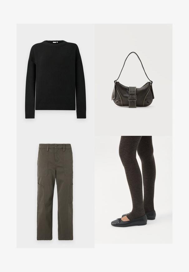 Sorte langærmede crewneck trøje med ribbede manchetter og kant, vist på en ensfarvet lys grå baggrund.; Good American CROPPED PANTS - Cargobukser - fatigue; Ben iført mørke ribbede leggings kombineret med sorte balletsko med små sløjfedetaljer på hvid baggrund.; Sort læder skuldertaske med spænde på remmen, afrundede kanter og kontrasterende hvide syninger på en ensfarvet baggrund.
