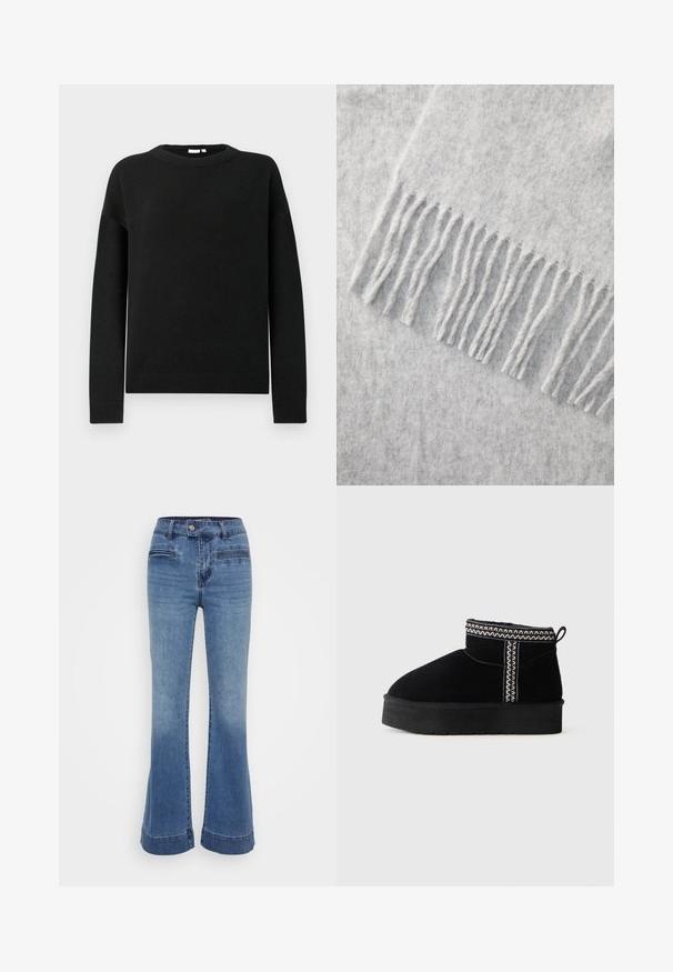 Must või pikkade varrukatega crewneck-sviiter, millel on ribatud mansetid ja alläär, esitlemisel helesinise halli taustal.; Keskmise sinise tooniga flared denim teksad kõrge vöökoha, eesmine taskute ja kontrastõmblustega. Kangas on pehme ja kergelt kulunud viimistlusega.; Must have mustelgasti sääriseid kõrged saapad paksu tallaga, mille peal on valge zigzag tikand ülemisel serval ja vertikaalsel külgõmblusel, ühetaolise tausta ees.; Hallide villane sall, mis on pehme tekstuuriga, frakeeritud servade ja ühtlase viimistlusega, umbes 60 tolli pikk.