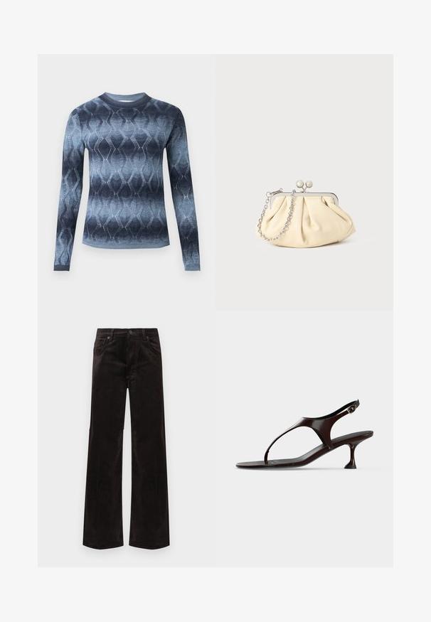Pull en maille à manches longues avec un dégradé bleu et un motif géométrique en losange, avec un col rond et des poignets ajustés.; Pantalon large en velours côtelé noir à taille haute, avec deux poches avant et une fermeture par bouton. Texture lisse avec des rainures verticales.; Sandale slingback en cuir verni marron foncé avec petit talon et bride entre les orteils sur fond blanc.; Pochette en cuir beige plissé avec un cadre en métal argenté, dotée de deux fermoirs ronds décoratifs et d'une chaîne en argent.