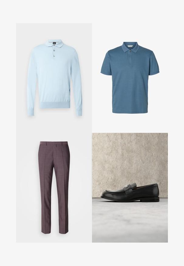 Pull-over bleu clair à manches longues, col plat et patte de boutonnage à trois boutons. Fabriqué en matière douce avec une coupe ajustée et un ourlet côtelé.; Polo bleu à manches courtes avec un col et des poignets texturés, doté d'une fermeture éclair devant sur la moitié.; Pantalons sur mesure pour hommes dans une teinte violette douce, présentant une texture lisse, une coupe droite et des plis avant pour un détail supplémentaire.; Mocassin en cuir noir avec une plaque de marque en métal reposant près d'une table ronde marron sur un sol recouvert de moquette beige.