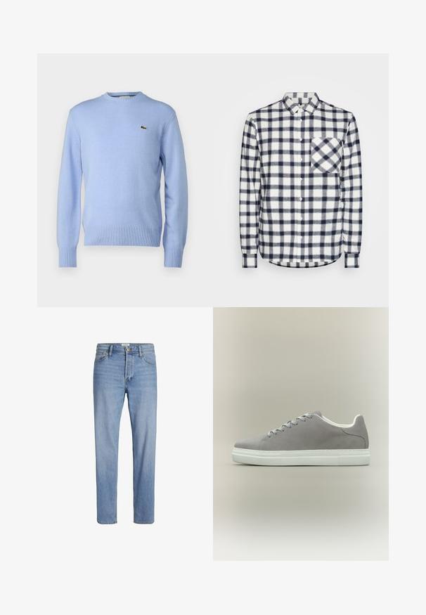 Suéter de punto azul claro con dobladillo y puños acanalados, que presenta un pequeño logo de cocodrilo verde en el pecho. Diseño clásico de cuello redondo.; Camisa de franela a cuadros en blanco y azul marino, con cierre de botones en la parte delantera, mangas largas y un bolsillo en el pecho. Presenta un cuello clásico y un dobladillo redondeado.; Vaqueros de mezclilla azul claro con corte recto, diseño estándar de cinco bolsillos y costuras visibles. Sin patrones o acentos distintivos.; Zapatilla de ante gris con suela y cordones de goma blanca, con un diseño de corte bajo y textura suave. Estilo minimalista sin logotipos visibles.