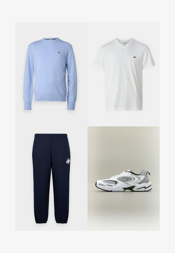 Suéter de punto azul claro con dobladillo y puños acanalados, que presenta un pequeño logo de cocodrilo verde en el pecho. Diseño clásico de cuello redondo.; Camiseta blanca de algodón con cuello en V, mangas cortas y un pequeño logo de cocodrilo verde en el lado izquierdo del pecho. Diseño simple y ligero.; Pantalones de chándal azul marino hechos de suave algodón, con puños y cinturilla elásticos. Presentan un logotipo blanco de Lacoste Paris en la pierna izquierda.; Zapatilla deportiva de running en blanco y gris, con paneles de malla, acentos verdes, detalles en negro y un logo en el costado, vista desde el lado exterior.