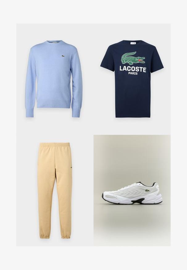 Lichtblauwe gebreide sweater met een ribgebreide zoom en manchetten, met een klein groen krokodillenlogo op de borst. Klassiek ontwerp met ronde hals.; Donkerblauw T-shirt met een groen krokodillenlogo en witte tekst "LACOSTE PARIS" op de voorkant, korte mouwen, ronde hals.; Beige joggerbroek met elastische tailleband en boorden, met een klein groen krokodillenlogo geborduurd op de rechterdij.; Witte sportieve schoen met een textuur van gaas bovenwerk, gebogen ontwerp en contrasterende zwarte zool. Heeft een groen geborduurd logo aan de zijkant.