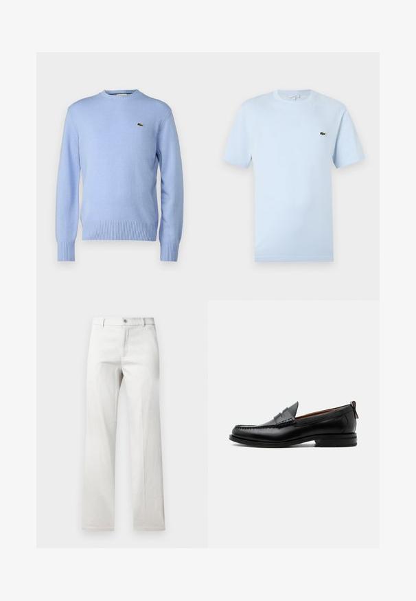 Suéter de punto azul claro con dobladillo y puños acanalados, que presenta un pequeño logo de cocodrilo verde en el pecho. Diseño clásico de cuello redondo.; Camiseta de manga corta azul claro hecha de un suave material de algodón. Presenta un pequeño logo bordado de cocodrilo verde en el pecho.; Pantalones grises claros con un diseño de pierna recta, fabricados en una tela suave, con cierre frontal de botón y bolsillos laterales.; Mocasín de hombre de piel negra con costura moc toe, tira penny, cuello texturizado y tacón bajo apilado sobre fondo blanco.