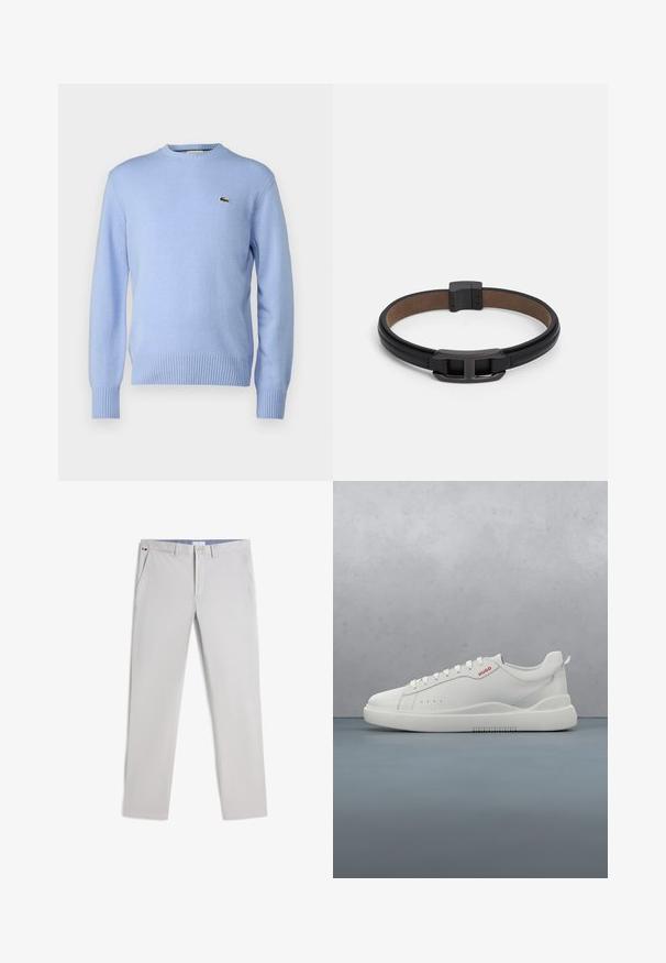 Lyseblå strikket sweater med ribbestrikket kant og manchetter, prydet med et lille grønt krokodillelogo på brystet. Klassisk crew neck design.; Lysegrå slanke herrebukser med sidelommer, knaplukning, bæltestropper og et lille rødt, hvidt og sort flag-detalje på linningen.; Hvide sneakers med en glat læderfinish, rund tå, fire snørehuller, subtile perforeringer og en rød logo detalje på siden.; Sort læderarmbånd med en glat overflade, der har en rektangulær metalspænde og en kontrasterende brun inderside.