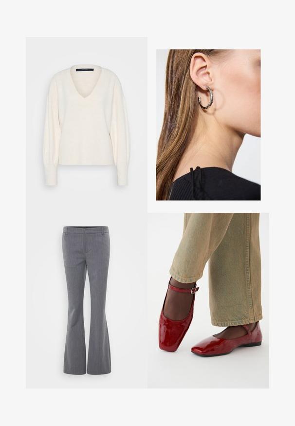 Vero Moda Tall VMJUPITER V NECK PULLOVER - Pullover - birch; Gina Tricot Tall RELAXED TROUSERS - Pantalon classique - grey melange; Chaussures en cuir verni rouge avec un bout carré, un petit talon et une sangle de cheville, associées à un jean large vert clair. Texture lisse, surface réfléchissante.; Boucle d'oreille en argent avec une finition polie, présentant de petits détails en or et de forme ronde, portée sur le lobe.