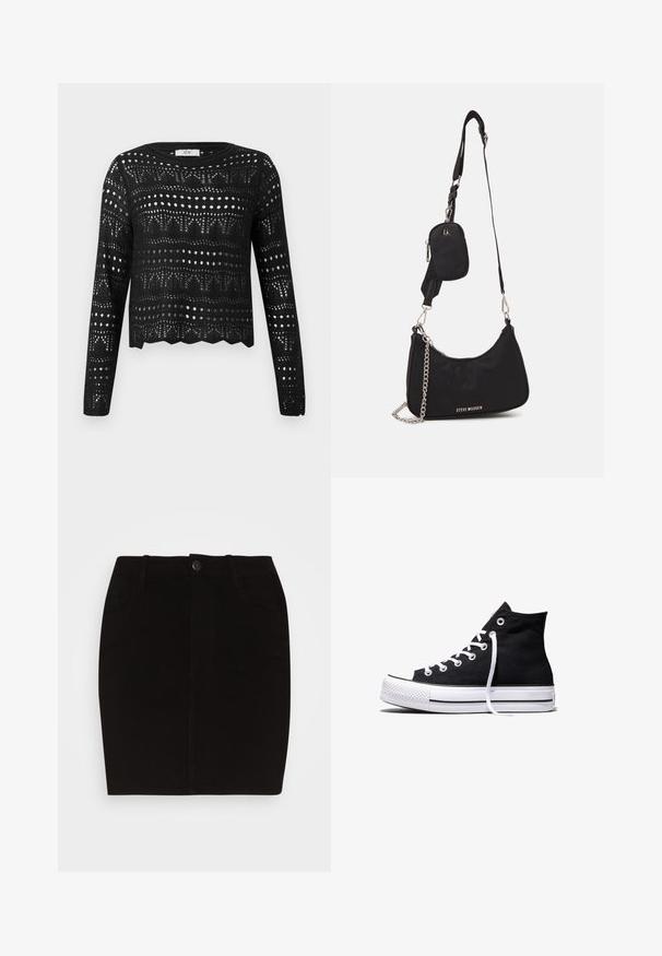 Čierny dlhý sveter s háčkovaným vzorom s geometrickými a bodkovanými otvorenými vzormi a zvlneným okrajom, označený JDY.; Pieces PCSKIN SLIM SHORT SKIRT - Minisukňa - black; Čierna vysoká plátenná teniska s bielou gumovou podrážkou a bielymi šnúrkami, zobrazená zboku na bielom pozadí.; Čierna nylonová taška cez rameno so zakriveným tvarom, strieborným reťazovým akcentom, odnímateľnou mini taškou a nastaviteľným popruhom; má logo "Steve Madden".