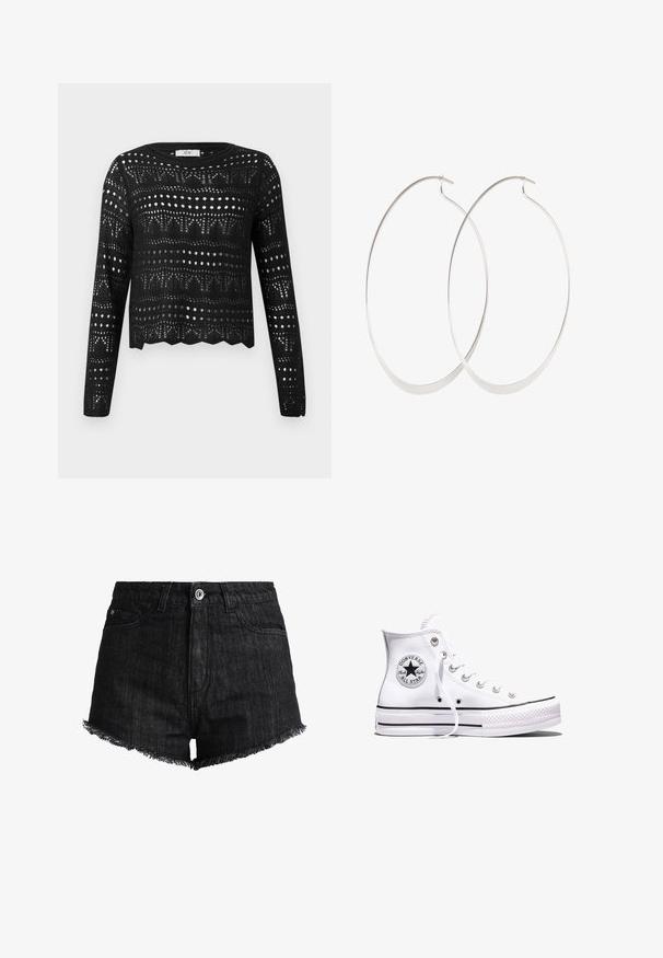 Sort langærmet hækletrøje med geometriske og prikmønstrede åbenarbejdsmønstre og bølget kant, mærket JDY.; Sorte denim shorts med høj talje, frynset kant, to forlommer og lukning med en enkelt knap foran. Glat tekstur.; Hvid Converse Chuck Taylor All Star højt snøresko med sorte striber og logoemblem på siden, vist mod en ensfarvet hvid baggrund.; Sølv hoops øreringe med et tyndt, glat design; langstrakt oval form; poleret finish; har en sikker krog lukning.