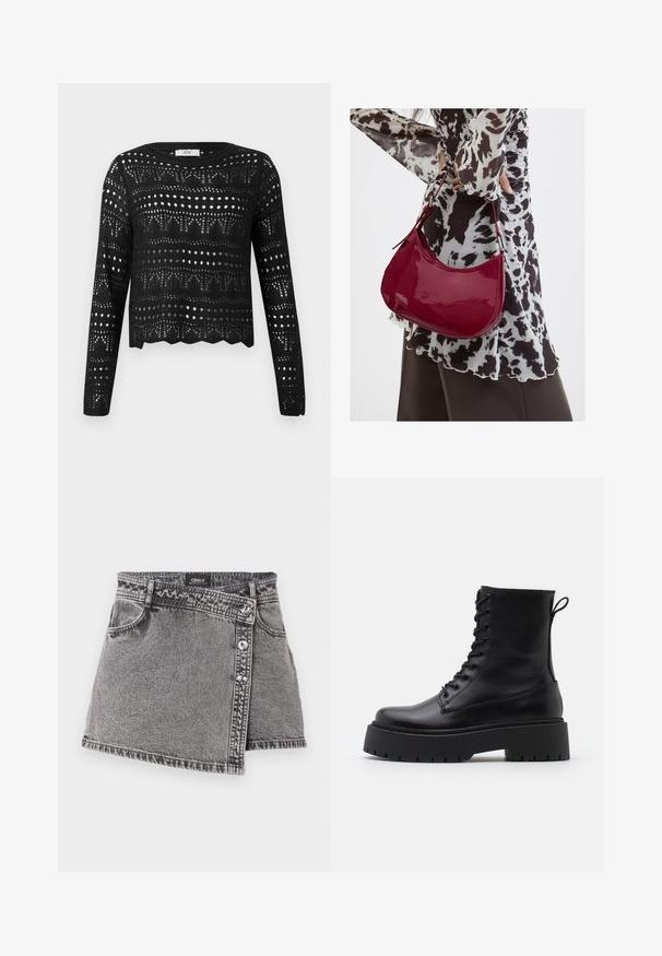 Pull noir à manches longues en crochet tricoté avec motifs ajourés géométriques et à points et ourlet festonné, étiqueté JDY.; Jupe mini en denim gris avec une coupe asymétrique, ornée de détails en bouton argenté et d'une poche avant. Texture lisse et design décontracté.; Bottines en cuir noir avec un bout rond, un laçage à l'avant et une épaisse semelle en caoutchouc dotée d'un motif texturé. Tirer au dos.; Femme portant un chemisier à motif noir et blanc tenant un sac à main rouge brillant sur un fond uni.