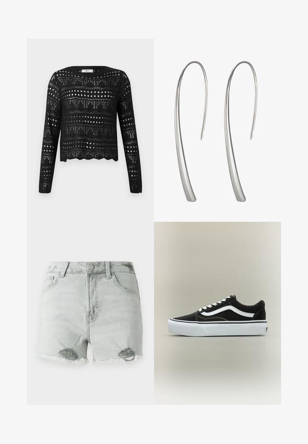 Sort langærmet hækletrøje med geometriske og prikmønstrede åbenarbejdsmønstre og bølget kant, mærket JDY.; Lys grå denimshorts med høj talje, slidte detaljer og fransede kanter, samt to frontlommer. Stoffet ser blødt og slidt ud.; Lavtop sort sneaker med hvid side stribe, hvide snørebånd, hvid gummisål og tekstureret tåhætte på neutral baggrund.; Lange sølv dråbeøreringe med et slankt, forlænget design og en glat, poleret overflade. Har en minimalistsk buet form.
