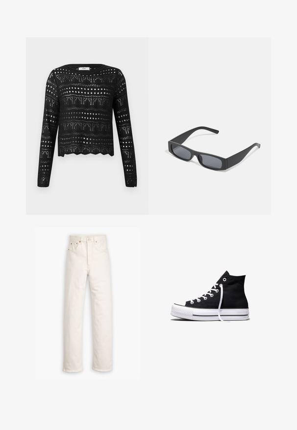 Sort langærmet hækletrøje med geometriske og prikmønstrede åbenarbejdsmønstre og bølget kant, mærket JDY.; Hvide denim jeans med lige ben, fem-lommestil og kobberdetaljer. Rå kantfinish ved anklerne.; Sort high-top canvas sneaker med hvid gummisål og hvide snørebånd, vist fra siden mod en hvid baggrund.; Sorte rektangulære solbriller med mørke linser og tykke matte stel. Armen er let tilspidset med en glat overflade.