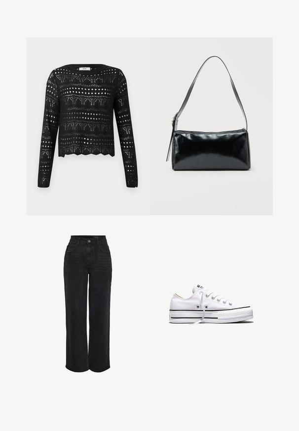 Sort langærmet hækletrøje med geometriske og prikmønstrede åbenarbejdsmønstre og bølget kant, mærket JDY.; Høj talje sorte denim jeans med lige ben, knap i front og fem-lomme design.; Hvid lavtop lærredssneakers med hvide snørebånd, sorte striber på sålen og gummieret tekstureret tåhætte, sidevendt på hvid baggrund.; Sort rektangulær skuldertaske med en enkelt justerbar rem og lynlås i toppen på en ensfarvet baggrund.