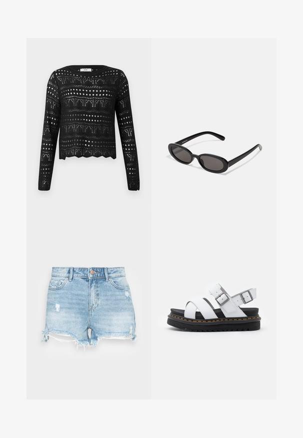 Jersey negro de crochet de manga larga con patrones geométricos y calados punteados y dobladillo ondulado, etiquetado JDY.; Shorts de mezclilla en azul claro con un acabado desgastado, dobladillo deshilachado y diseño clásico de cinco bolsillos. Presenta un cierre de botón metálico.; Sandalias de cuero blancas con correas ajustables con hebilla, suela de plataforma negra en capas y detalle de costura naranja a lo largo del borde.; Even&Odd Gafas de sol - black