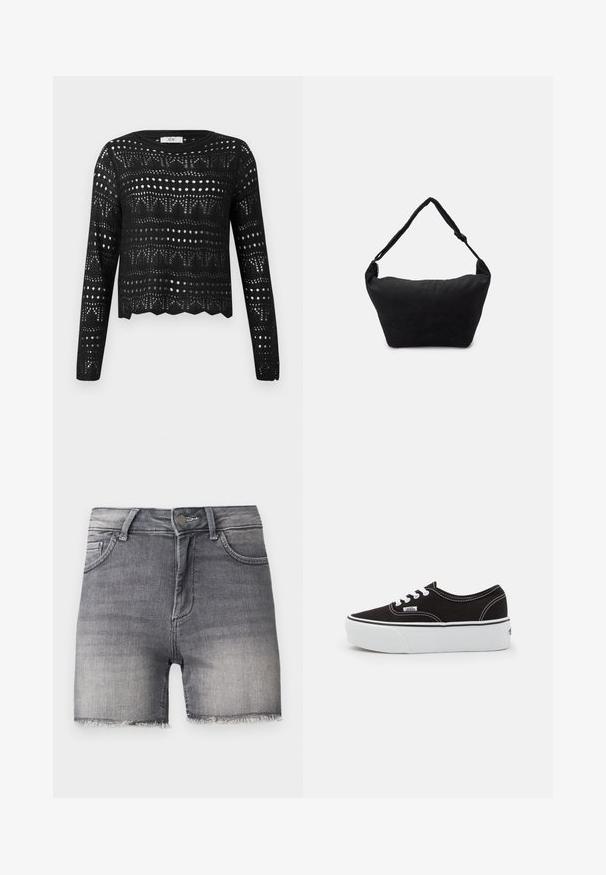 Sort langærmet hækletrøje med geometriske og prikmønstrede åbenarbejdsmønstre og bølget kant, mærket JDY.; Falmede sorte denimshorts med frynset kant, forreste knap- og lynlås-lukning og to forlommer på en ensfarvet baggrund.; Sort lærred sneakers med en hvid gummi platform sål, der har hvide snørebånd og syninger, ikonisk branding på siden, lav-top design.; Sort stof skuldertaske med en blød tekstureret overflade, rund form og en enkelt rem. Minimalistisk design uden synligt hardware eller accenter.