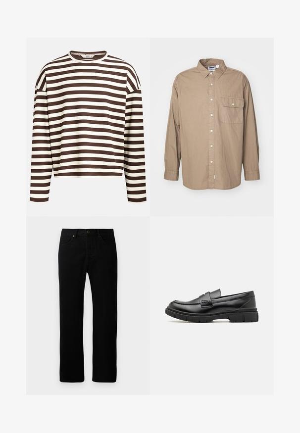 Brun og creme stribet langærmet top med en rund halsudskæring, ribbet tekstur og sænkede skuldersømme, der har en cropped pasform.; Tanktop, lange ærmer, lysbrun bomuldsstof, knaplukning fortil, enkelt brystlomme med flap, klassisk krave, lige kant.; Sorte denimjeans med lige ben-design, fem-lomme stil, frontknaplukning og diskrete syninger.; Sort læder loafersko med en bred rem over forfoden, gummisål med tykke mønstre og glat overflade. Klassisk, slankt design.