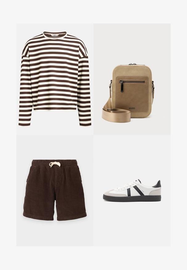 Haut à manches longues rayé marron et crème avec un col rond, texture côtelée et coutures d'épaule abaissées, présentant une coupe cropped.; Shorts en velours côtelé brun avec une taille élastique, une fermeture à cordon de serrage et des poches latérales. Le tissu présente un motif côtelé vertical et une finition texturée.; Baskets blanches avec des accents noirs et gris, présentant un embout texturé gris, une semelle en caoutchouc noir et des lacets plats blancs. Design épuré, style minimaliste.; Petit sac bandoulière beige avec poche avant zippée, logo métallique ALDO, sangle large ajustable et forme rectangulaire arrondie sur fond blanc.